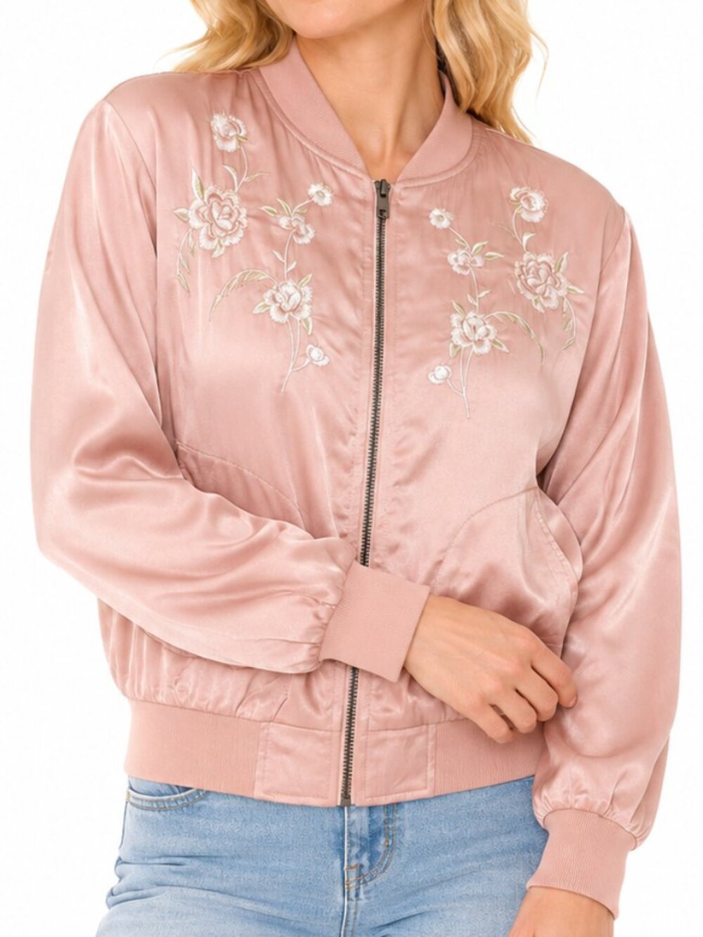 Honey Punch Floral pink bomber Embroidered Roses Women's Jacket Size L - NEW